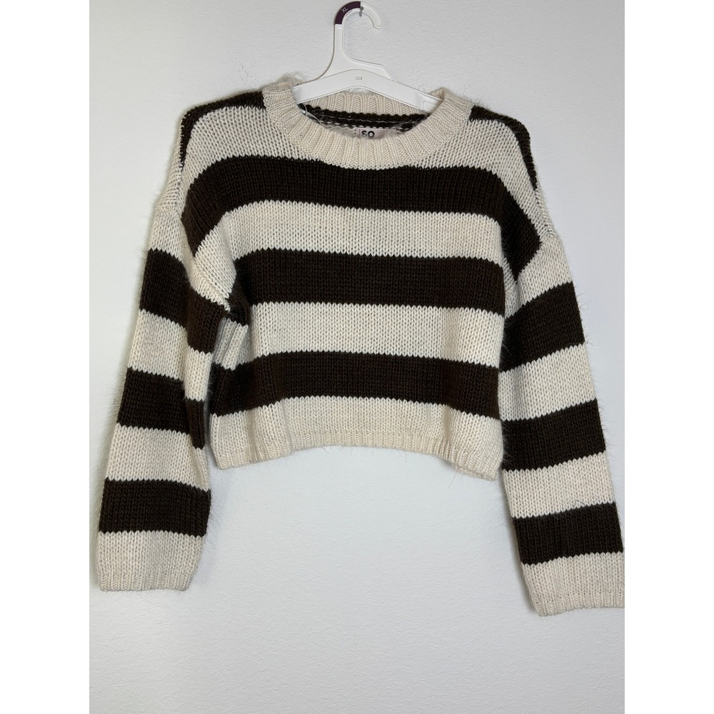 SO Goods For Life Brown Cream Striped Chunky Knit Cropped Sweater Small